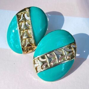 Green metal and enamel post earrings